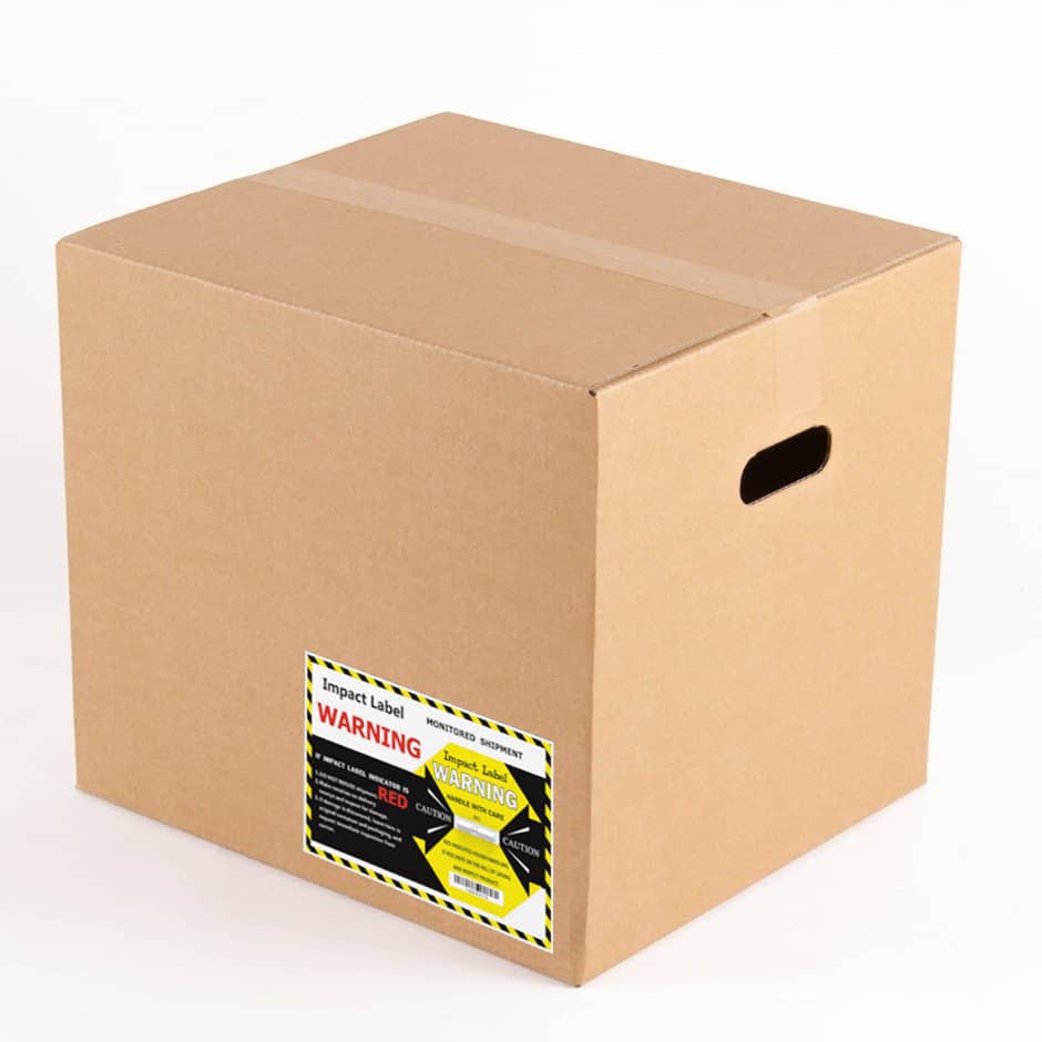 Shipping Impact Label  Yellow on Cardboard box with a warning label on a white background.