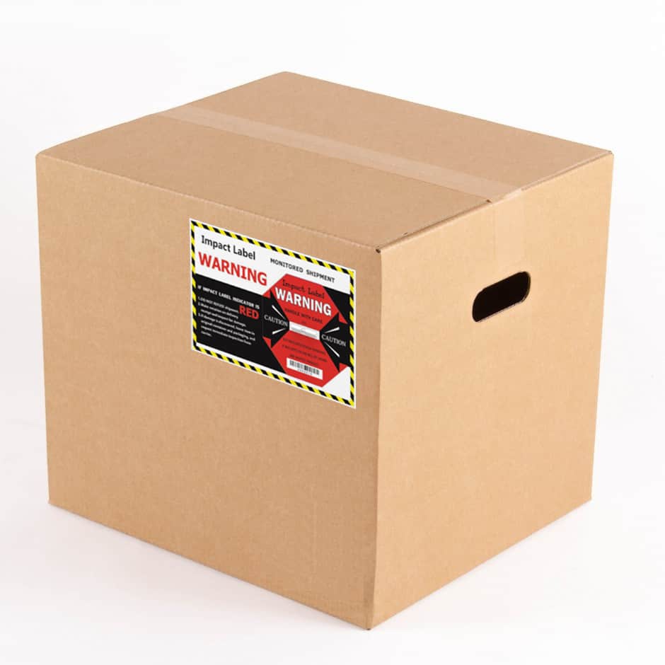 Shipping Impact Label Red on Cardboard box with a warning label on a white background.