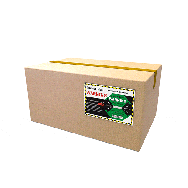 Shipping Impact Label Green on Cardboard box with a warning label on a white background.