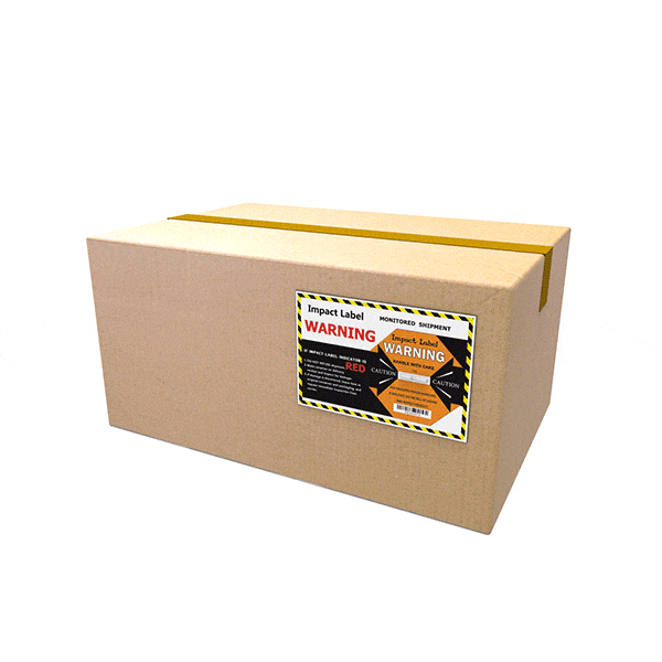Shipping Impact Label Orange on Cardboard box with a warning label on a white background.
