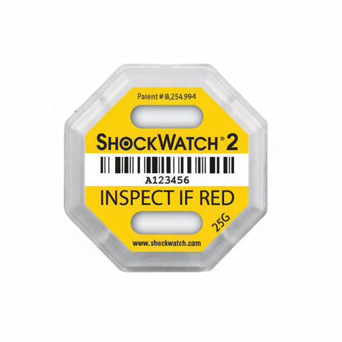 SHOCKWATCH 2 label with a yellow background and black text