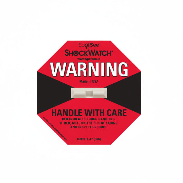 Red and black warning label for SpotSee ShockWatch with text and a small white device.